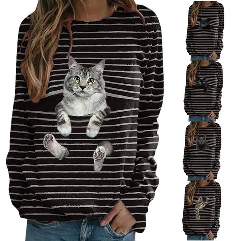 Cat print casual long-sleeved T-shirt striped top m300513