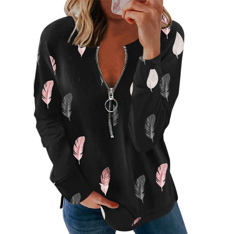 Women's V-neck Zipper Personality Floral Print Long Sleeve Pullover M300196