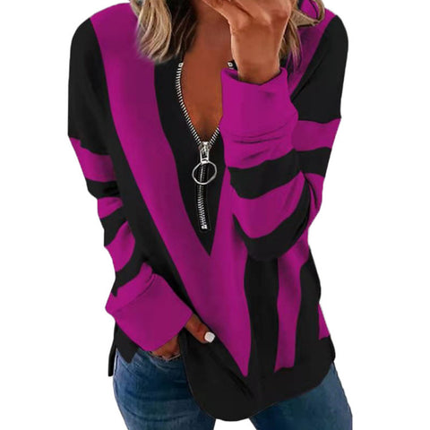 Women's V-neck Zipper Personality Floral Print Long Sleeve Pullover M300196