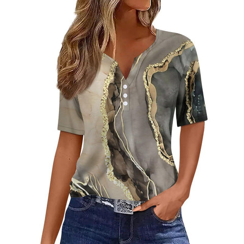 Women's T-shirt V-neck three-button 3D printing short sleeve m300477