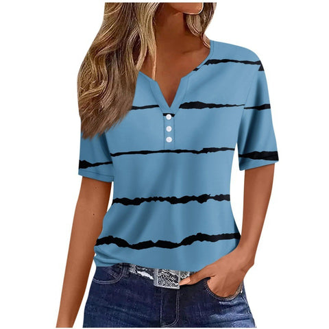 V-neck three-button 3D printed short-sleeved women's top m300617