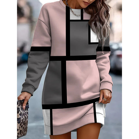 Printed contrasting color crew neck sweater dress m300862