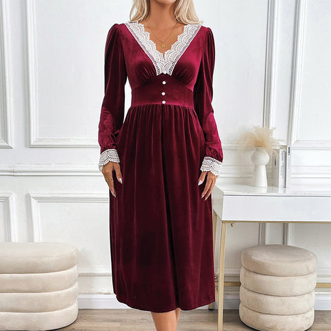 Autumn and winter velvet long dress autumn and winter lace splicing contrasting dress dress m300773