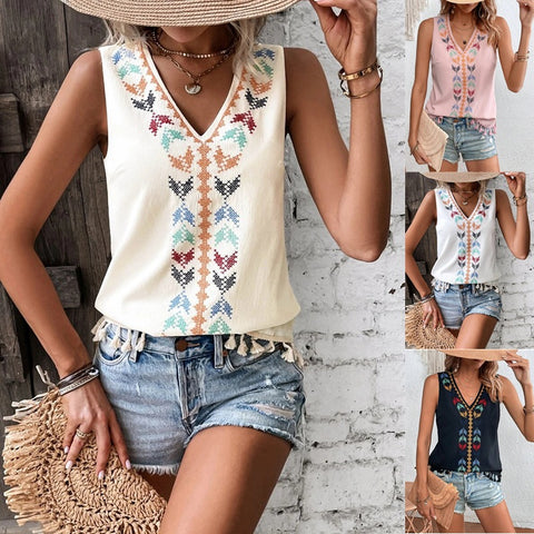 Ethnic style V-neck embroidered splicing hem beard vest top m301009