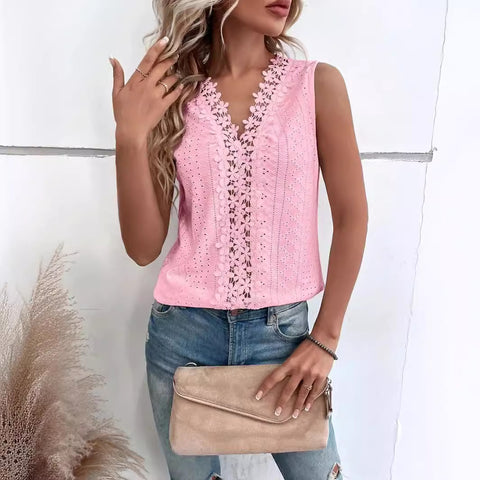 V-neck splicing hollow lace vest top women's m301003