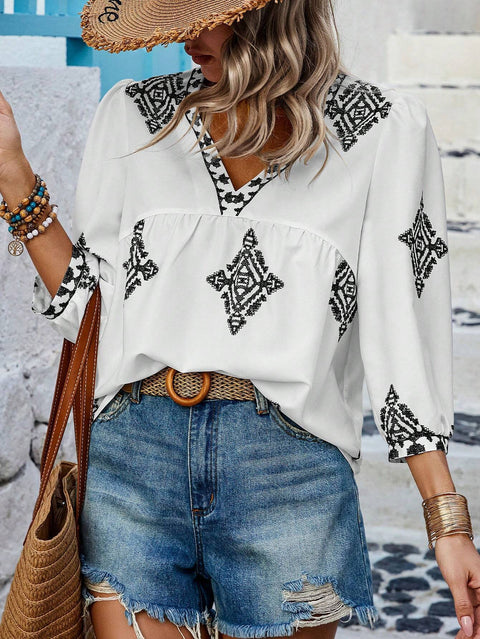 Fashion printed bag seven-quarter sleeve V-neck women's top m301002