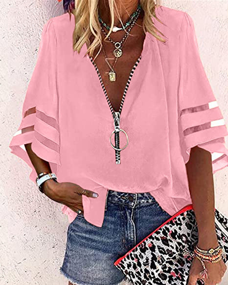 V-neck zipper shirt half-flared sleeve mesh splicing loose casual shirt women's m300887