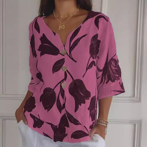 Printed cotton and linen V-neck short sleeved pullover shirt m300056