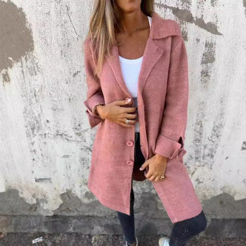 Women's solid color lapel with pocket cardigan single-breasted medium and long coat m300614