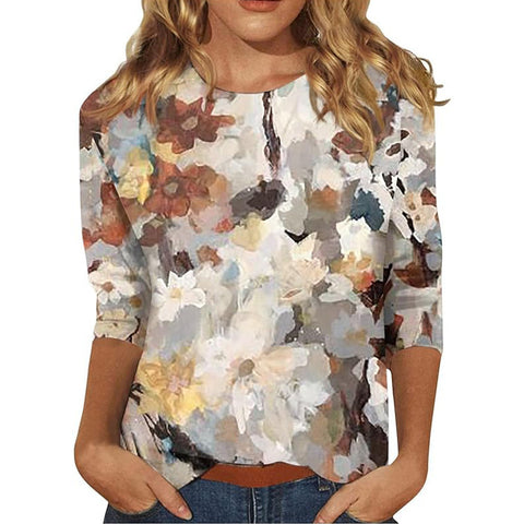 Seven-quarter sleeve plant flower 3D printing crew neck pullover m300615