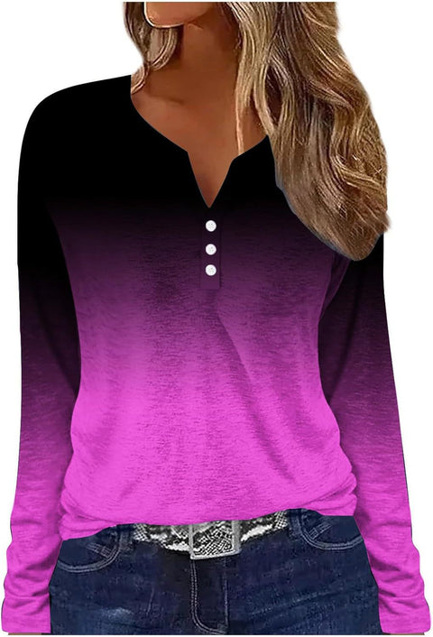 Printed V-neck V-neck three-button long-sleeved T-shirt m300618