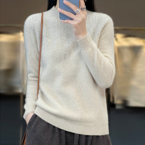 Pure wool semi-turtleneck short diamond-encrusted pullover knitted sweater m300559