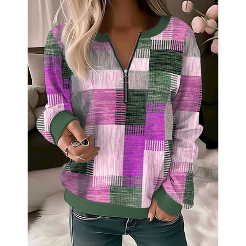 Printed V-neck zipper loose knitted shirt m300663