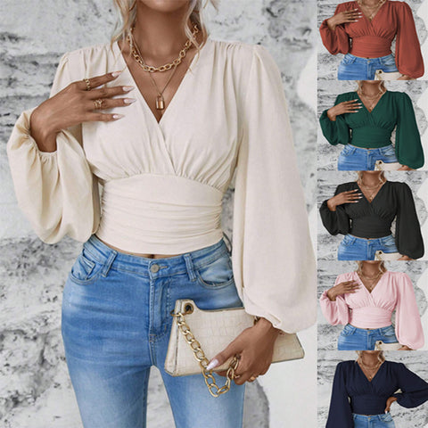 Waist V-neck bag sleeve solid color wrinkled women's long-sleeved top m300997