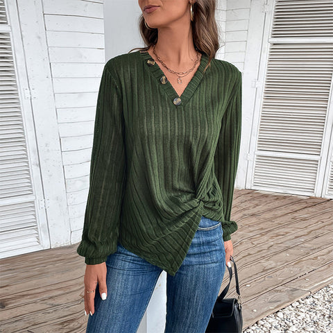 Autumn women's clothing split-ended green V-neck top women's m300630