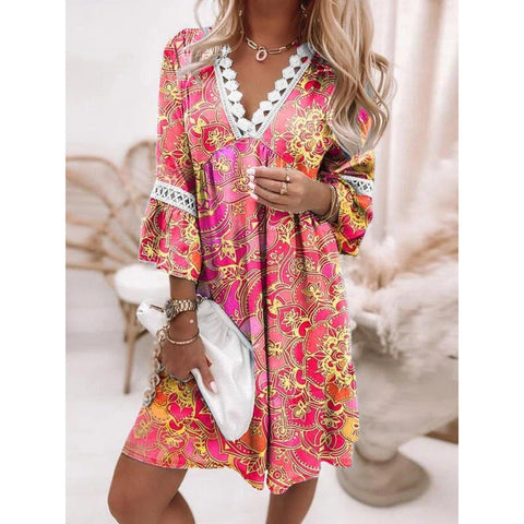 V-neck Printed Lace Stitching Bohemian Casual Vacation Style Dress M300213