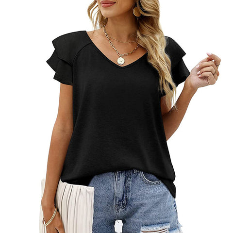 Solid V-neck double layered ruffle edge sleeve loose top with m300112