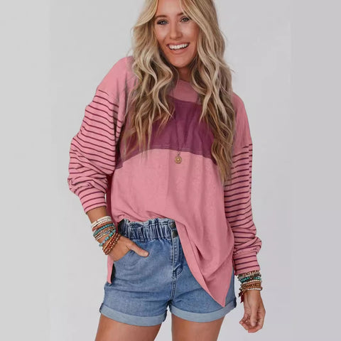 Pullover round neck casual striped contrasting long-sleeved t-shirt women's m300875