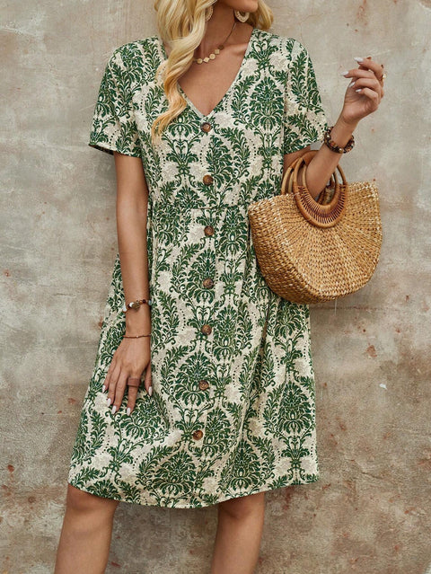 Fashion printed V-neck short-sleeved loose medium dress m301014