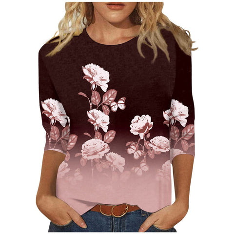 Seven-quarter sleeve plant flower 3D printing crew neck pullover m300615