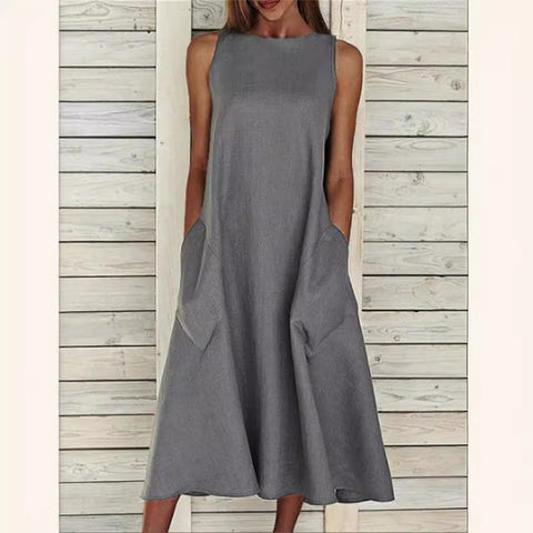 round Neck Sleeveless Double Pocket Dress M300157