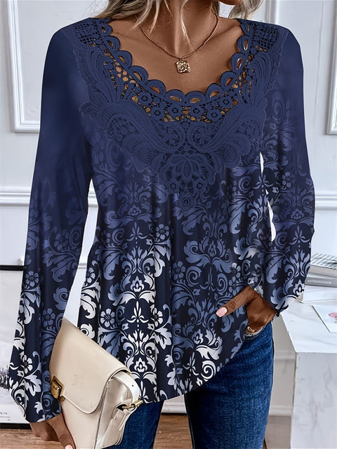 Digital printing lace round neck hollow top m300654