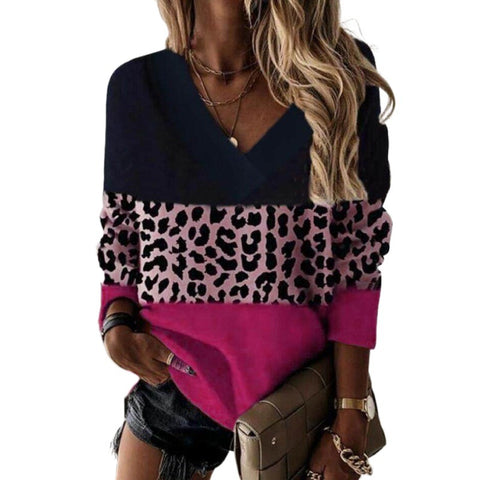 Autumn and winter new v-neck leopard print splicing long-sleeved sweater m300551