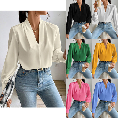 Long-sleeved shirt design sense V-neck solid color loose top m300944