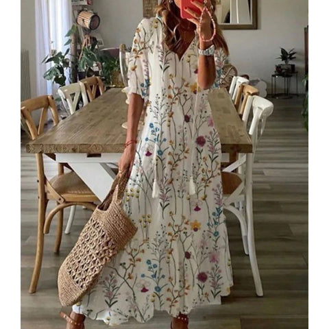 Floral V Neckline Short Sleeve Maxi A line Dress m161507780 (5827060)