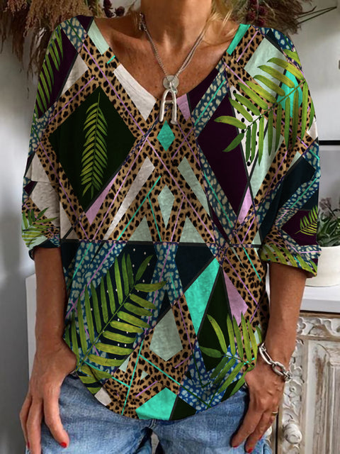 Casual V-neck long-sleeved loose pullover ethnic digital printing women's T-shirt m300607