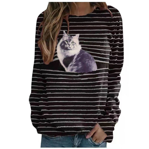 Cat print casual long-sleeved T-shirt striped top m300513