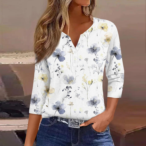 V-neck three-button seven-quarter sleeves, floral smudge printing, fashionable and casual loose women's clothing m300565