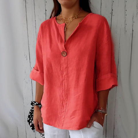 Loose T-shirt Women's V-neck cotton and linen button-up top m300385