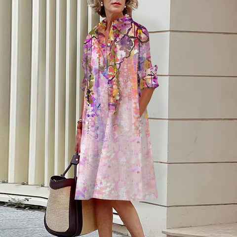 Gentle wind floral 3D digital printing single row open button shirt dress m300914