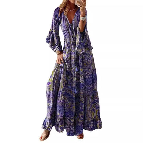 Bohemian Flared Sleeve Printed V-Neck High Waist Vacation Dress m300709