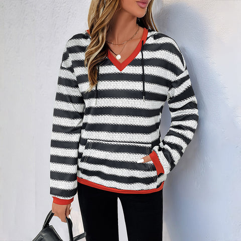 Black and white striped sweater autumn new pullover hooded casual versatile sweater women m300813