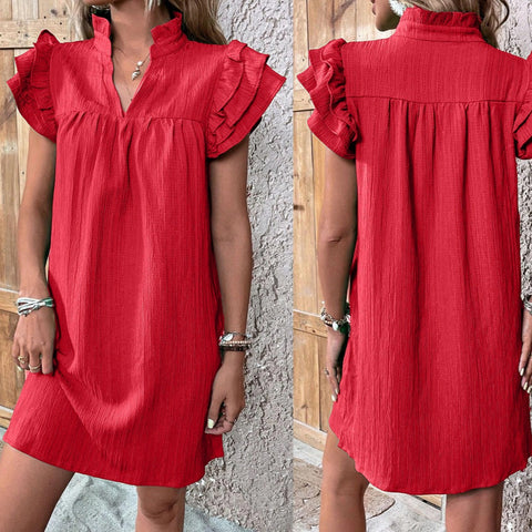 Versatile multi-layer lotus leaf sleeve V-neck pullover dress m301019