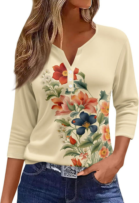 Marble pattern V-neck three-button seven-quarter sleeve women's clothing m300581