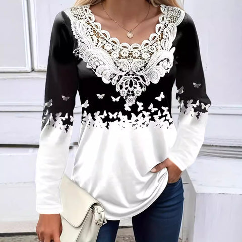 Digital printing lace round neck hollow top m300654