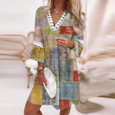 V-neck Printed Lace Stitching Bohemian Casual Vacation Style Dress M300213