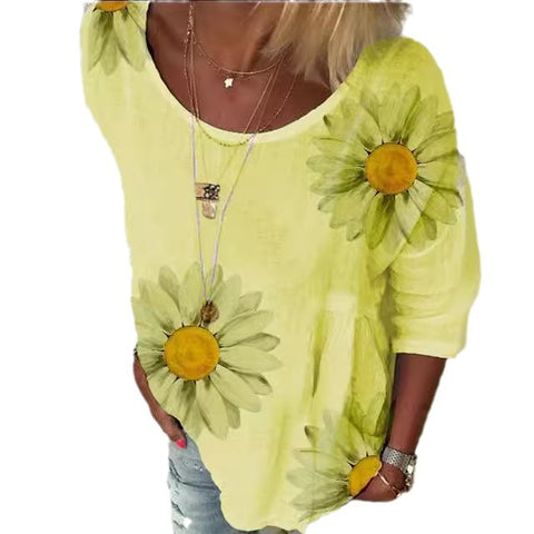 Chrysanthemum print crew neck seven-quarter sleeve T-shirt women's m300893