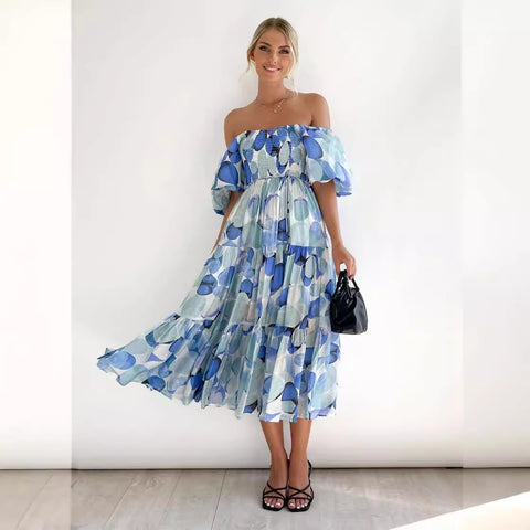 Puff Sleeve Holiday Slim Looking Long Dress off-Shoulder Printed Dress Female M300282