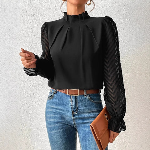 Semi-turtleneck spliced wavy chiffon long-sleeved top m300882