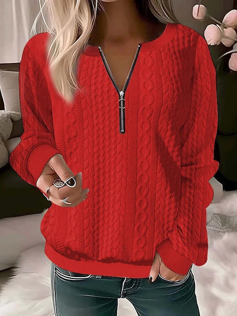 Long-sleeved solid color V-neck zipper T-shirt top m300390