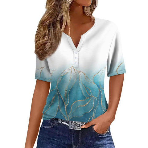 V-neck three-button 3D printed short-sleeved women's top m300617