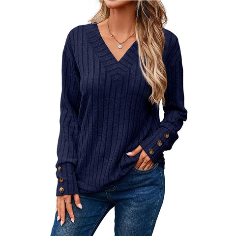 Women's Long Sleeve V-Neck Shirt Solid Color Button T-Shirt m300528