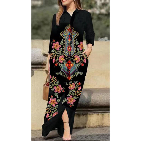 Women's Casual Positioning Printing Pocket Lapels Collar Button Length Dress M300186