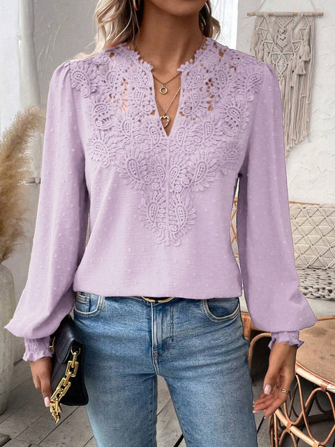 Fashion V-neck lace solid color long-sleeved casual women's top m300947