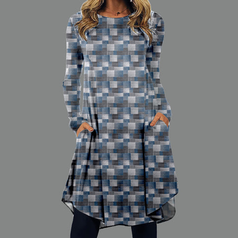 Farbblock-Kleid mit rundem Ausschnitt und langen Ärmeln über dem Knie in A-Linie m161512287 