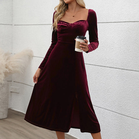 Velvet long dress autumn and winter dress split dress m300807